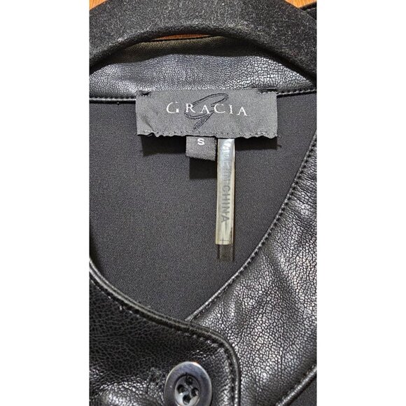 Gracia Black Button-Up Top With Faux Leather Details & Flared Sleeves - Size S - Picture 4 of 12